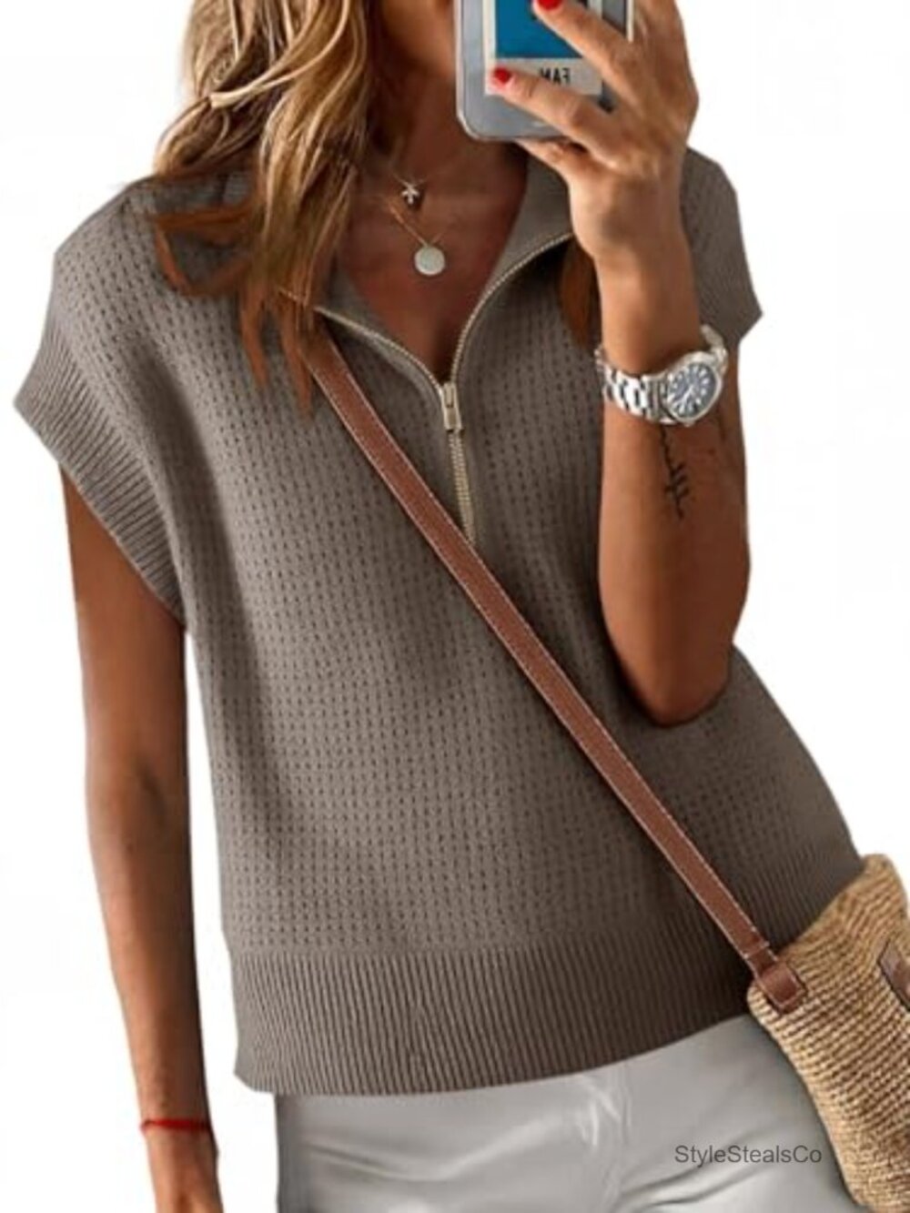 Womens Cropped Knit Sweater Vest Half Zip Cap Sleeve Lightweight Oversized